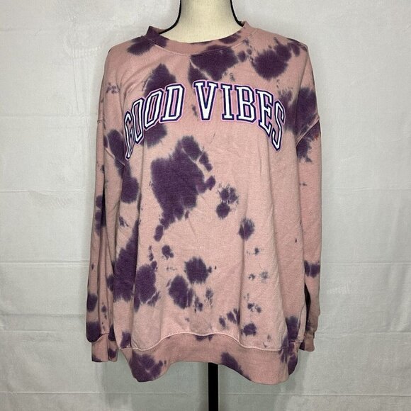 Mighty Fine Good Vibes Pink Purple Tie Dye Crew neck Sweatshirt Sz L - Picture 1 of 8
